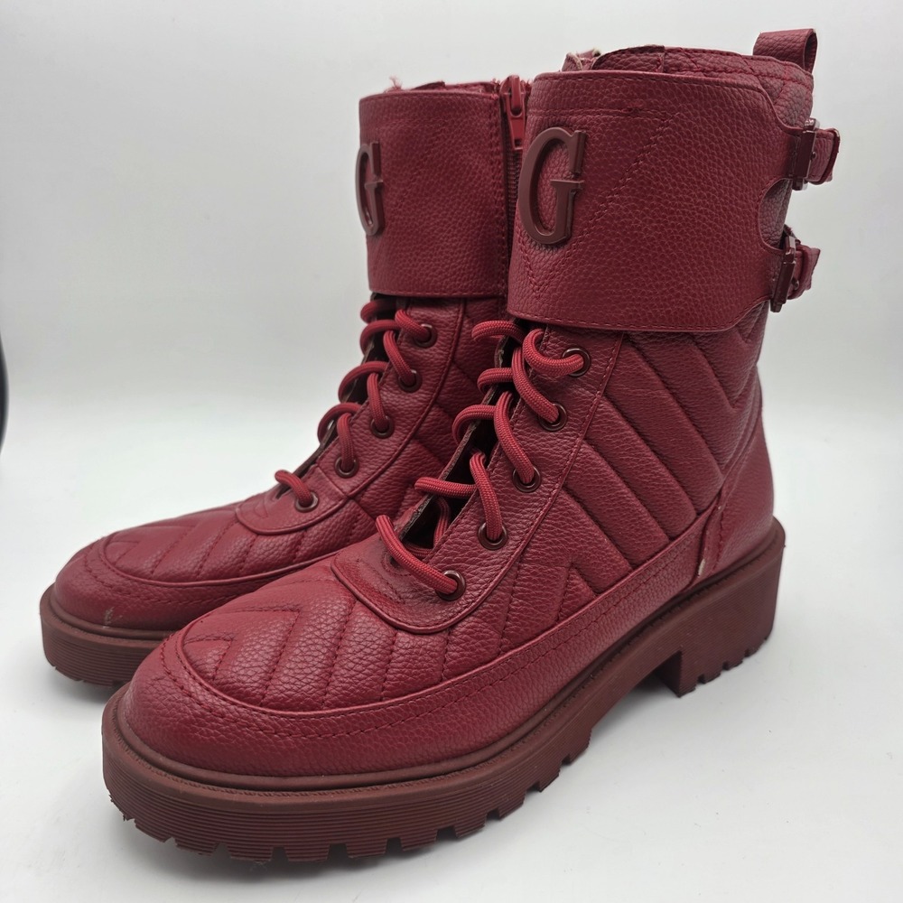 Guess Quilted Combat Boots Women's 9 Red Lace Up Chunky Lug Sole G Logo Shoes